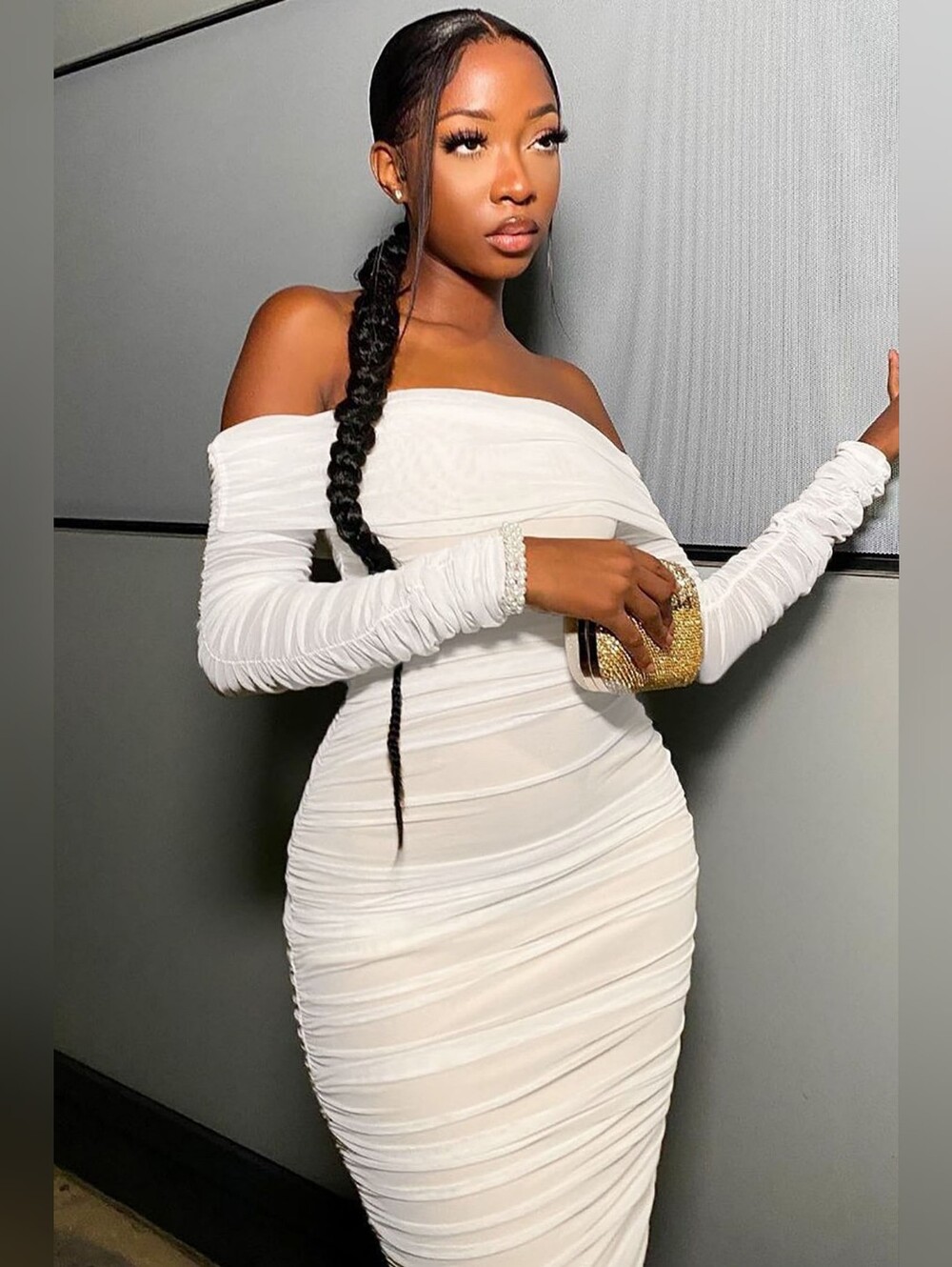 Fashion Nova White Off-Shoulder Ruched Bodycon Dress